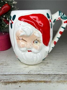 Large Vintage Christmas MG Japan Winking Santa Mugs Rhinestone Eye, EUC